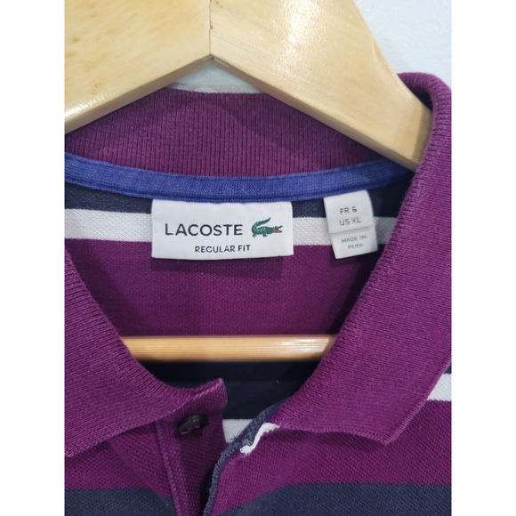 Lacoste Regular Fit Striped Polo Shirt Men's XL Purple Navy White Cotton - Picture 3 of 7